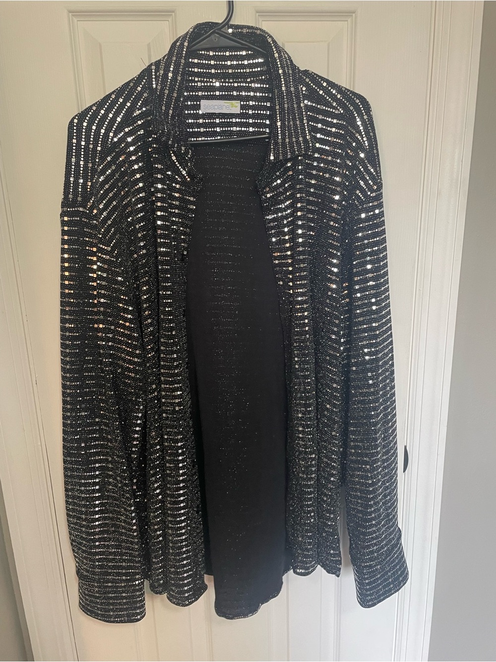 Black Sequined Stripe Button-Down Top